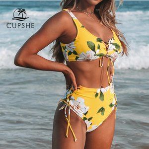 CUPSHE Floral Lace up Bikini Swim Top Separate